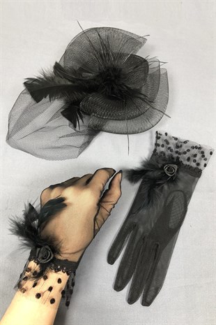 Black Wedding Hat and Polka Dot Gloves Face Veils