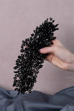 Siyah Nilsu Boncuklu Gelin Tacı Saç ve Türban Aksesuar