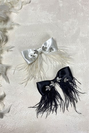 Siyah Parlak Taşlı Tüylü Fiyonk Saç Tokası Aksesuar