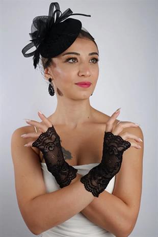 Siyah Parmaksız Dantel Gelin Eldiveni Düğün Nikah Aksesuarı Fascinator Şapka Seti
