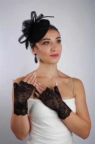 Siyah Parmaksız Dantel Gelin Eldiveni Düğün Nikah Aksesuarı Fascinator Şapka Seti