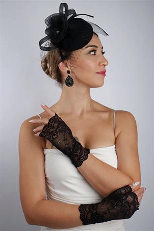 Siyah Parmaksız Dantel Gelin Eldiveni Düğün Nikah Aksesuarı Fascinator Şapka Seti