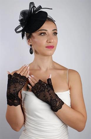 Siyah Parmaksız Dantel Gelin Eldiveni Düğün Nikah Aksesuarı Fascinator Şapka Seti