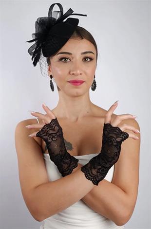Siyah Parmaksız Dantel Gelin Eldiveni Düğün Nikah Aksesuarı Fascinator Şapka Seti