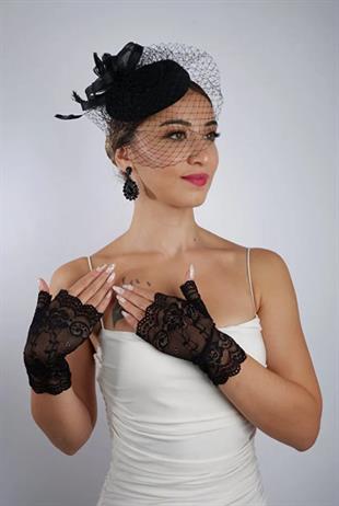 Siyah Parmaksız Dantelli Gelin Eldiveni Düğün Nikah Aksesuarı Fascinator Şapka Seti
