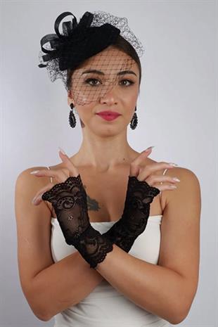 Siyah Parmaksız Dantelli Gelin Eldiveni Düğün Nikah Aksesuarı Fascinator Şapka Seti