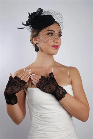 Siyah Parmaksız Dantelli Gelin Eldiveni Düğün Nikah Aksesuarı Fascinator Şapka Seti