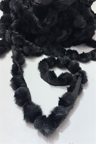 Siyah Peluş Şerit Ponpon,Tavşan Kuyruğu Ponpon,Peluş Ponpon 1 mt