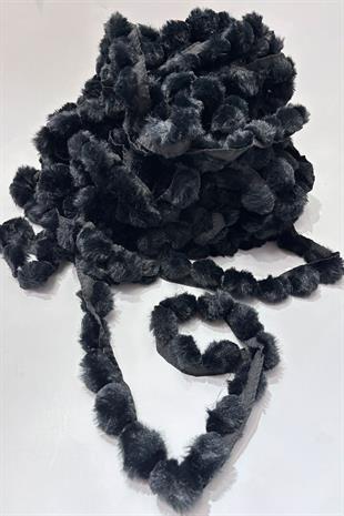 Siyah Peluş Şerit Ponpon,Tavşan Kuyruğu Ponpon,Peluş Ponpon 1 mt