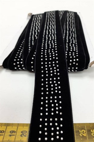 Siyah Puanlı Taşlı Kadife Şerit