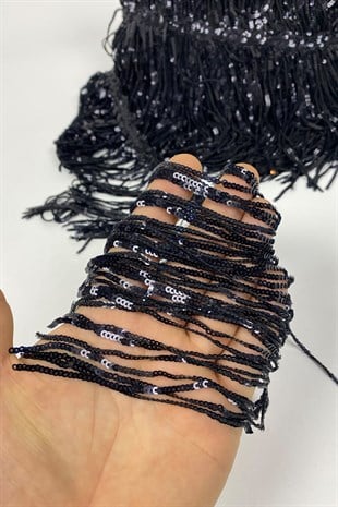 Siyah Pul Payetli Parlak Püskül Saçak Şerit 15 cm 1 mt