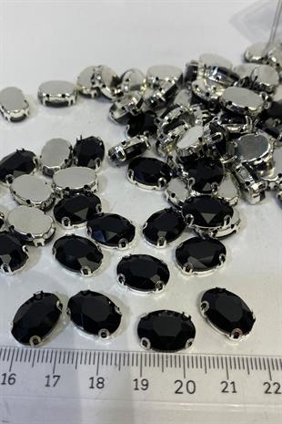 Siyah Renk Oval Metal Kasalı Beyoğlu Taşı Dikme Cam Boncuk 5 Adet