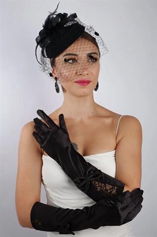 Siyah Saten Çift Fiyonk Kısa Gelin Eldiveni Düğün Nikah Aksesuarı Fascinator Şapka