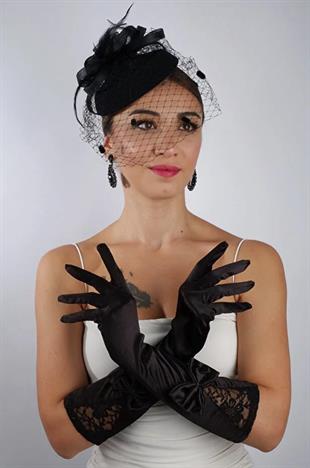Siyah Saten Çift Fiyonk Kısa Gelin Eldiveni Düğün Nikah Aksesuarı Fascinator Şapka