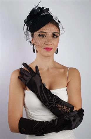 Siyah Saten Çift Fiyonk Kısa Gelin Eldiveni Düğün Nikah Aksesuarı Fascinator Şapka