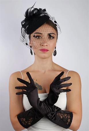 Siyah Saten Çift Fiyonk Kısa Gelin Eldiveni Düğün Nikah Aksesuarı Fascinator Şapka