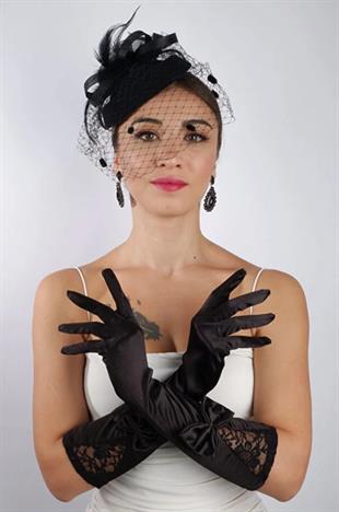 Siyah Saten Çift Fiyonk Kısa Gelin Eldiveni Düğün Nikah Aksesuarı Fascinator Şapka