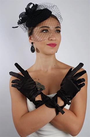 Siyah Saten Çift Fiyonklu Gelin Eldiveni Düğün Nikah Aksesuarı Fascinator Şapka Seti