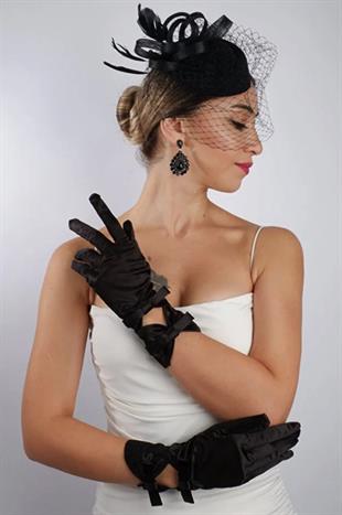 Siyah Saten Çift Fiyonklu Gelin Eldiveni Düğün Nikah Aksesuarı Fascinator Şapka Seti