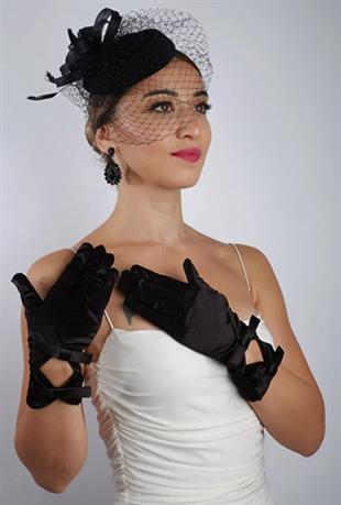 Siyah Saten Çift Fiyonklu Gelin Eldiveni Düğün Nikah Aksesuarı Fascinator Şapka Seti