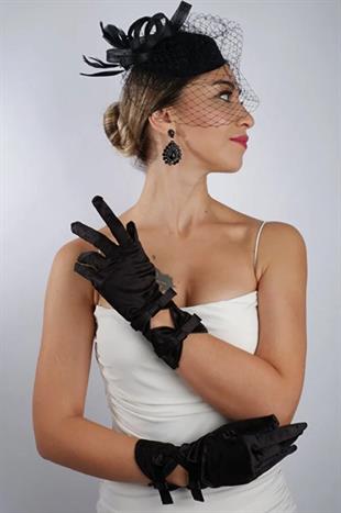 Siyah Saten Çift Fiyonklu Gelin Eldiveni Düğün Nikah Aksesuarı Fascinator Şapka Seti