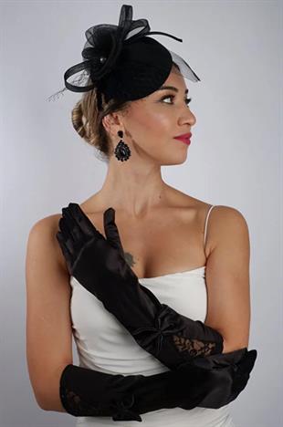 Siyah Saten Fiyonklu Gelin Eldiveni Düğün Nikah Aksesuarı Fascinator Şapka Seti