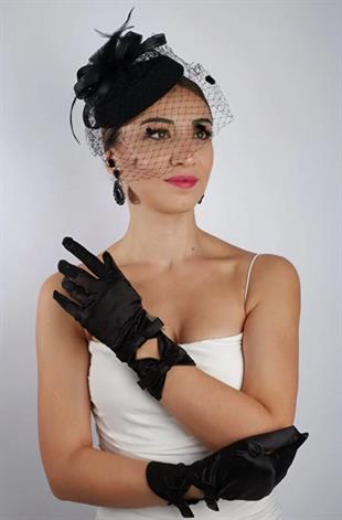 Siyah Saten Fiyonklu Gelin Eldiveni Düğün Nikah Aksesuarı Fascinator Şapka Seti