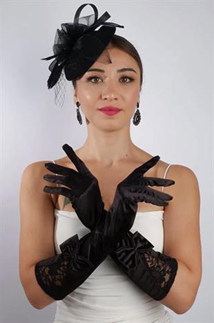 Siyah Saten Fiyonklu Gelin Eldiveni Düğün Nikah Aksesuarı Fascinator Şapka Seti