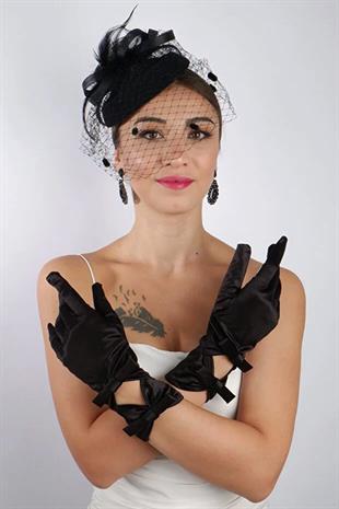 Siyah Saten Fiyonklu Gelin Eldiveni Düğün Nikah Aksesuarı Fascinator Şapka Seti