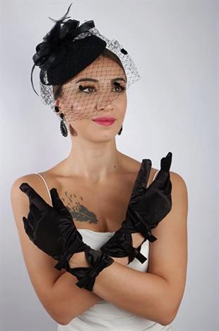 Siyah Saten Fiyonklu Gelin Eldiveni Düğün Nikah Aksesuarı Fascinator Şapka Seti