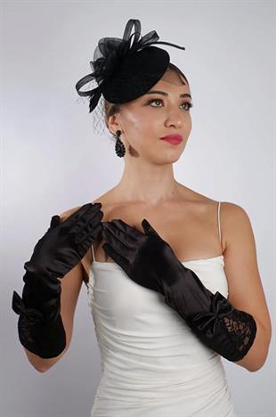 Siyah Saten Fiyonklu Gelin Eldiveni Düğün Nikah Aksesuarı Fascinator Şapka Seti