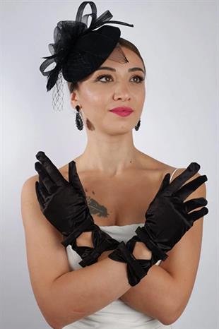 Siyah Saten Kısa Dantelli Gelin Eldiveni Düğün Nikah Aksesuarı Fascinator Şapka Seti