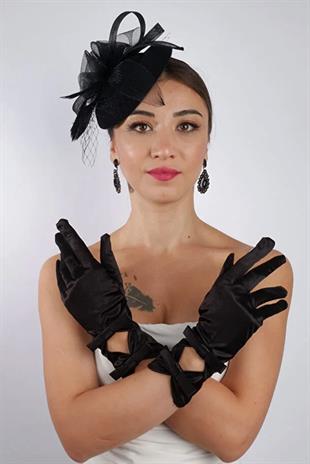 Siyah Saten Kısa Dantelli Gelin Eldiveni Düğün Nikah Aksesuarı Fascinator Şapka Seti