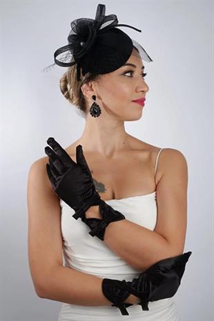 Siyah Saten Kısa Dantelli Gelin Eldiveni Düğün Nikah Aksesuarı Fascinator Şapka Seti