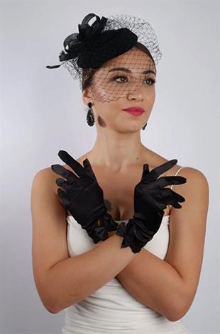 Siyah Saten Kısa Gelin Eldiveni Düğün Nikah Aksesuarı Fascinator Şapka Seti