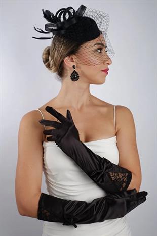 Siyah Saten Kısa Gelin Eldiveni Düğün Nikah Aksesuarı Fascinator Şapka Se