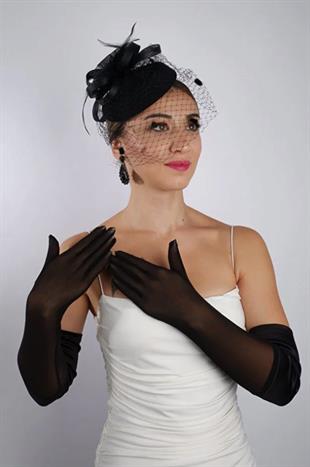 Siyah Saten Tül Gelin Eldiveni ve Düğün Nikah Fascinator Şapka Seti