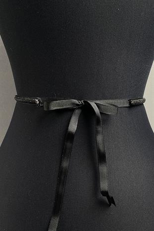 حزام فستان سهرة بحجر لامع أسود كثيف