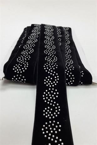 Siyah Su Desenli Kadife Taşlı Şerit