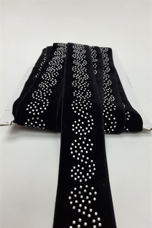 Siyah Su Desenli Kadife Taşlı Şerit