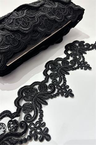 Siyah Taşlı Boncuk İşlemeli Kenar Fransız Danteli Güpür