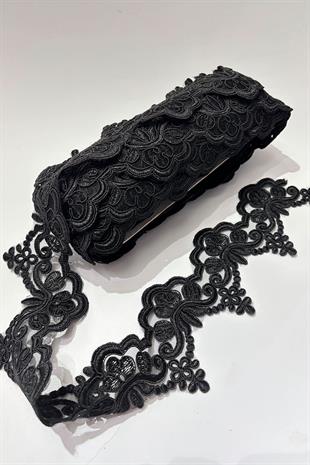 Siyah Taşlı Boncuk İşlemeli Kenar Fransız Danteli Güpür