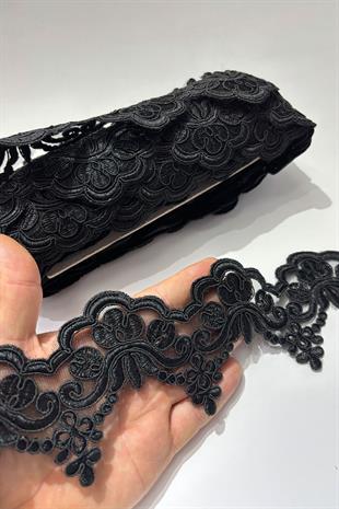 Siyah Taşlı Boncuk İşlemeli Kenar Fransız Danteli Güpür