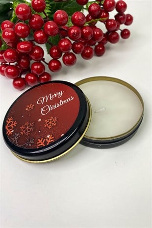 Siyah Teneke Mum Yuvarlak Kırmızı Merry Christmas Baskılı