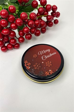Siyah Teneke Mum Yuvarlak Kırmızı Merry Christmas Baskılı