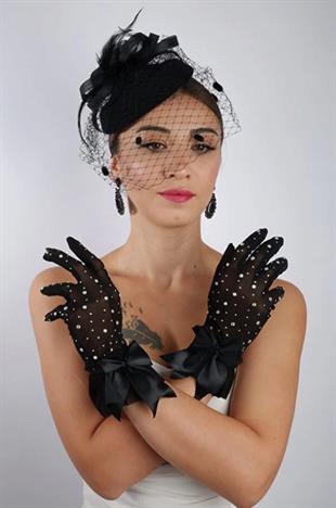 Siyah Tül Taşlı Abiye Eldiven ve Tüylü Fascinator Şapka Seti