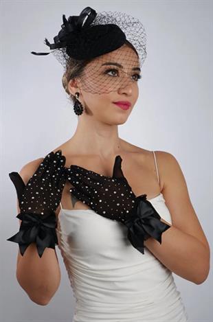 Siyah Tül Taşlı Abiye Eldiven ve Tüylü Fascinator Şapka Seti