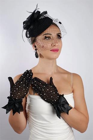 Siyah Tül Taşlı Abiye Eldiven ve Tüylü Fascinator Şapka Seti
