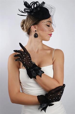 Siyah Tül Taşlı Abiye Eldiven ve Tüylü Fascinator Şapka Seti