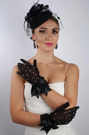 Siyah Tül Taşlı Abiye Eldiven ve Tüylü Fascinator Şapka Seti